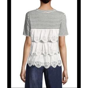 JOIE White Black Striped Linen Tee Eyelet Crochet Scalloped Layered Top Shirt XS